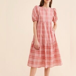 English Factory Anthropologie PINK/White Check Tiered Maxi Dress Size Large